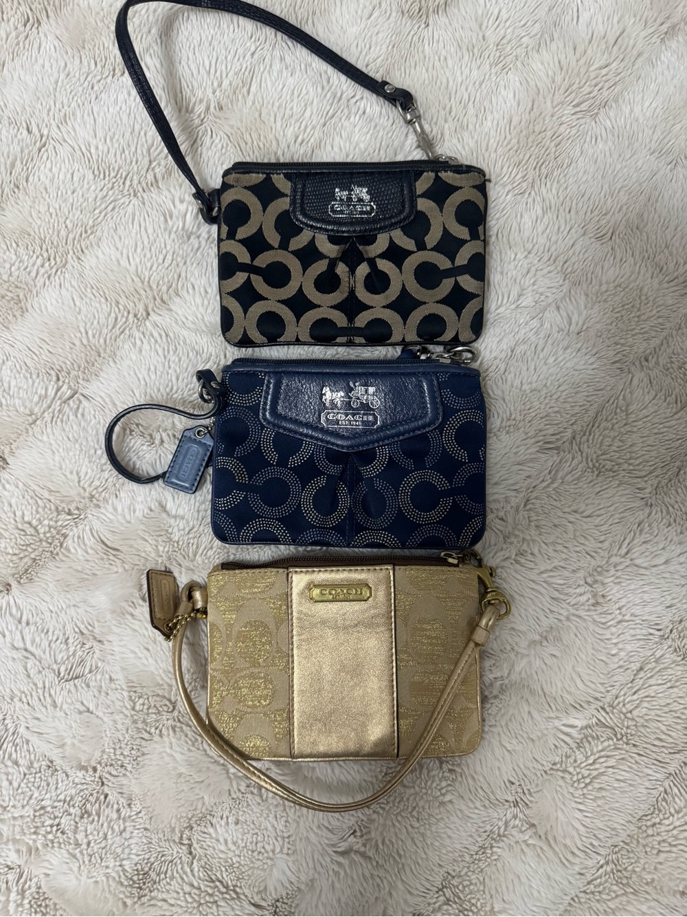Coach Trio Wristlet Set in Black, Navy & Gold